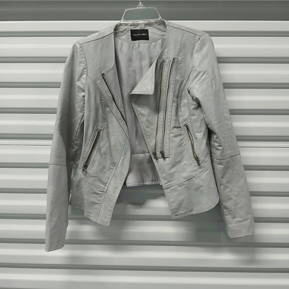 Dolce Cabo Womens Moto Jacket Medium Light Gray Faux Leather Biker Zip Pockets - Picture 1 of 10